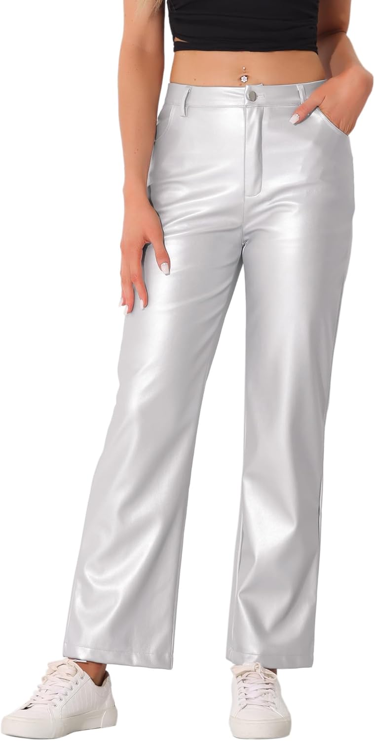 Faux Leather Pants for Women’s High Waist Straight Leg Trousers