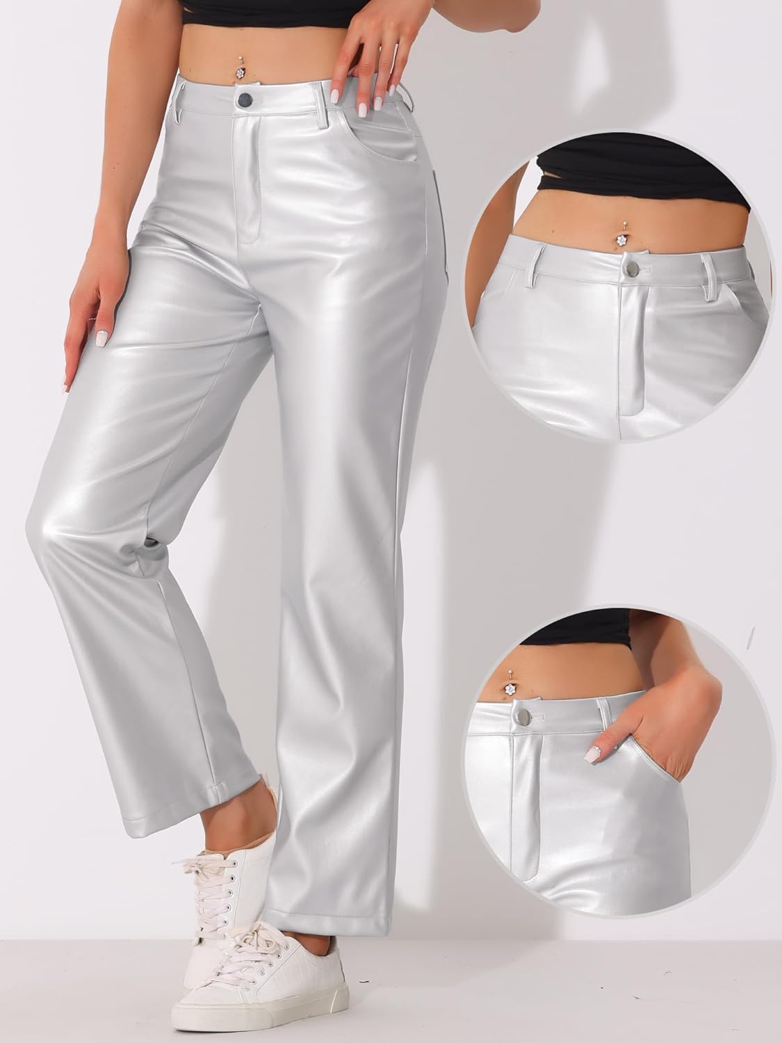 Faux Leather Pants for Women’s High Waist Straight Leg Trousers