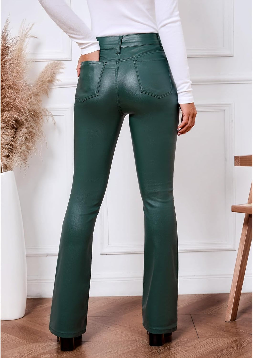 Flare Pants for Women High Wasited Stretchy Faux Leather Look Button Fly Jeans Trendy Bell Bottom Trousers